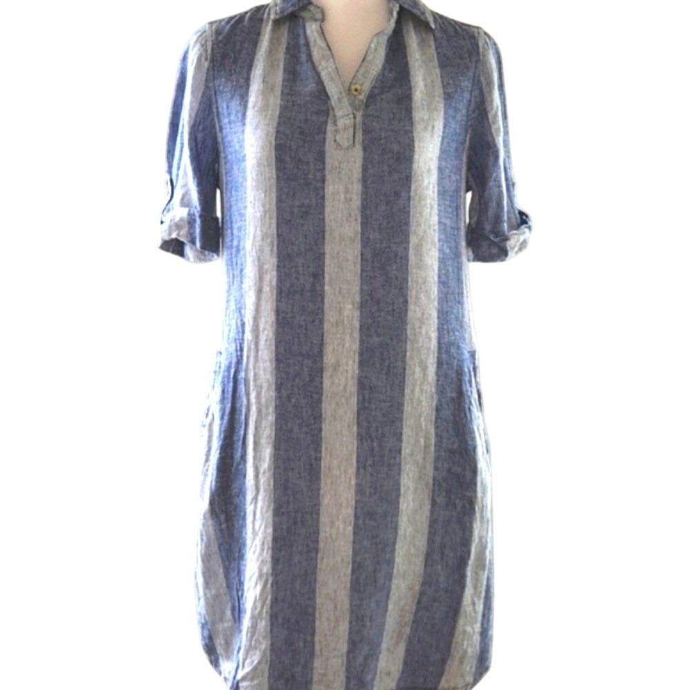 Beach Lunch Lounge Blue Linen Striped Dress Size XS Fully Lined With Pockets‎